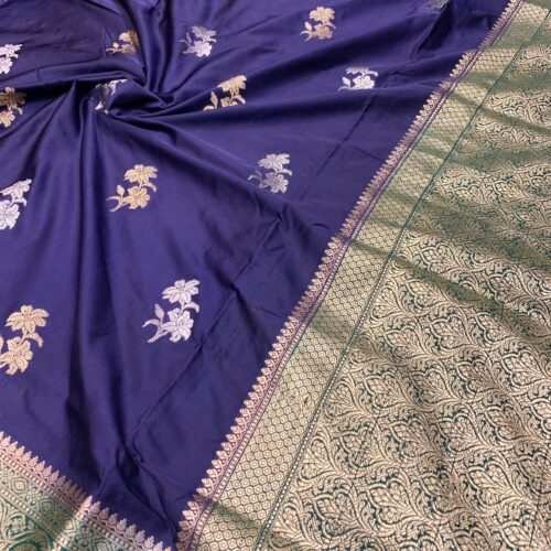 Soft Ultra Mashru Butta Navy Blue and Bottle Green Color Saree - Image 5
