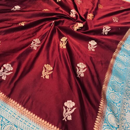 Soft Ultra Mashru Butta Maroon and Sky Blue Color Saree