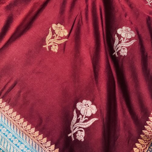 Soft Ultra Mashru Butta Maroon and Sky Blue Color Saree - Image 2