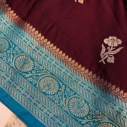 Soft Ultra Mashru Butta Maroon and Sky Blue Color Saree - Image 3