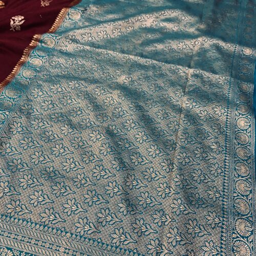 Soft Ultra Mashru Butta Maroon and Sky Blue Color Saree - Image 4