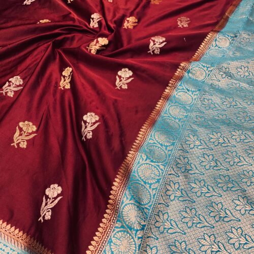 Soft Ultra Mashru Butta Maroon and Sky Blue Color Saree - Image 5