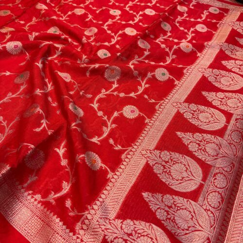 Red Shade Meenakari Jaal Pattern Art Kataan Silk Saree - Image 4