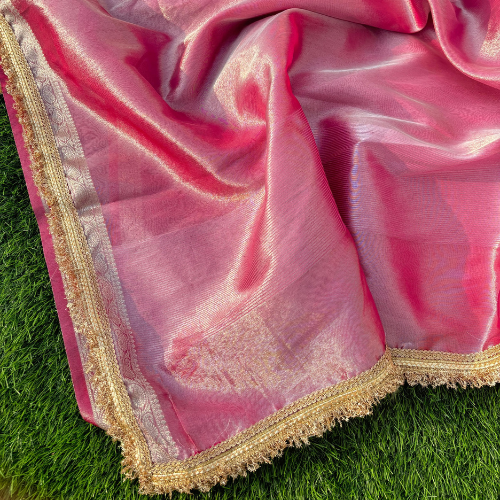Maharani Tissue Silk Saree with Premium Lace Work - Pink Colour